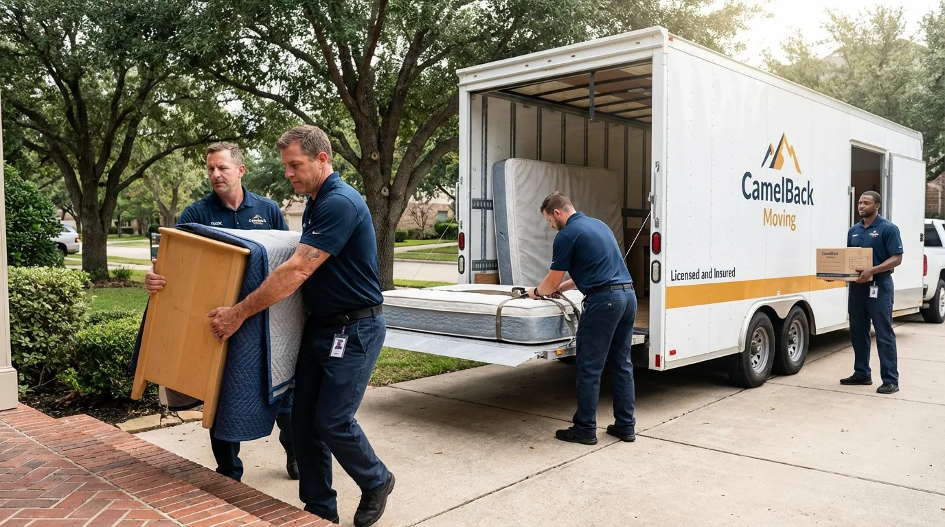 Crew loading residential truck for cross-state move from Lakota, ND