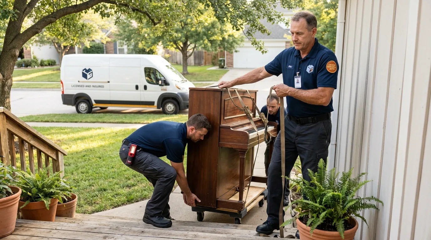 Licensed piano movers securing grand piano in Lakota, ND