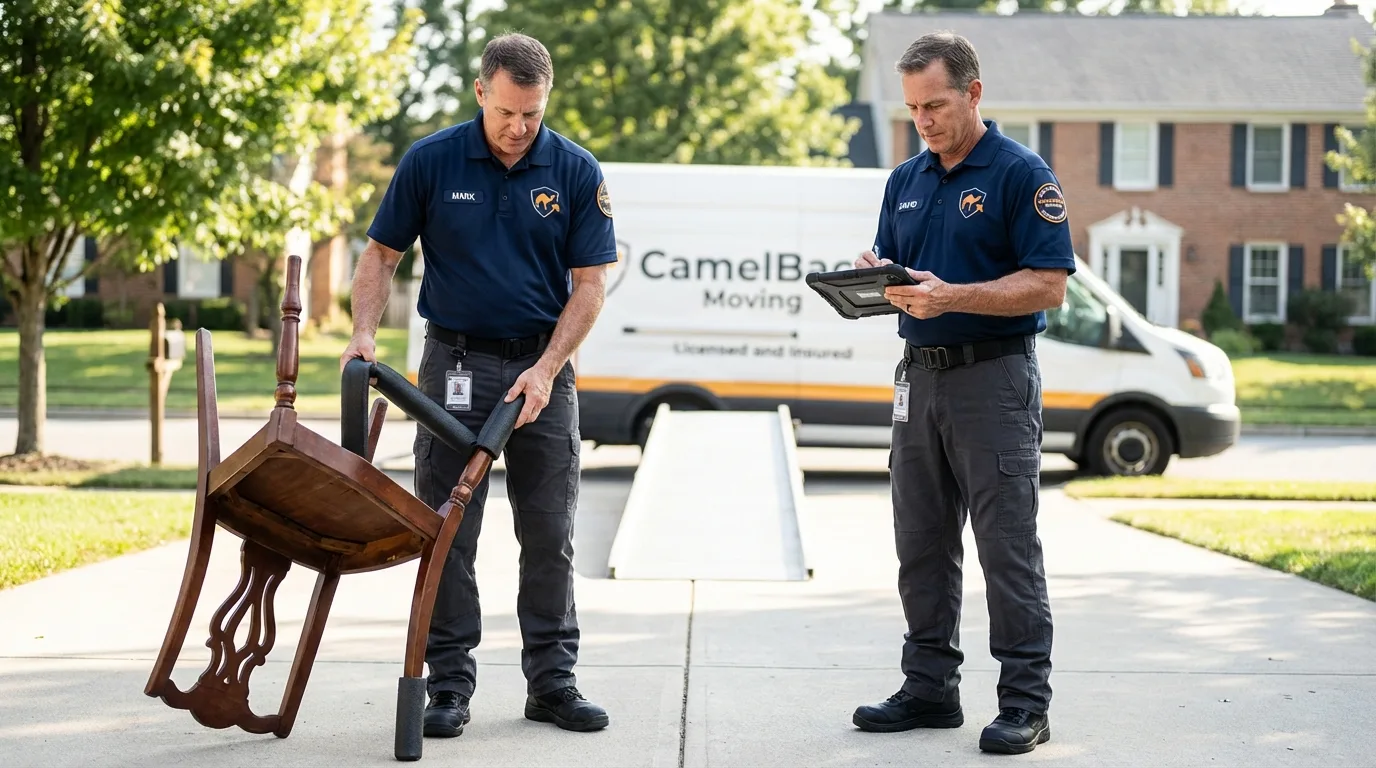 Movers inspecting furniture for damage prevention before loading in Lakota, ND